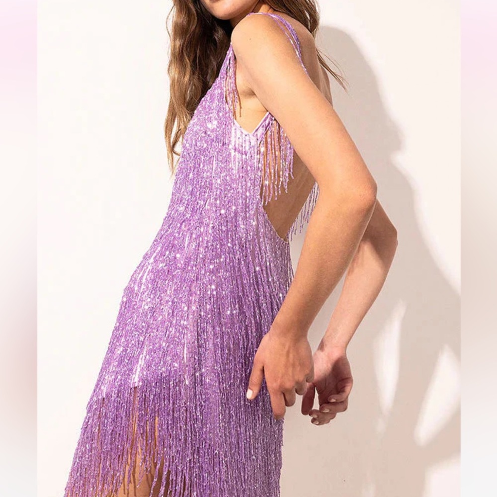 Women's Tassel Fringe Purple Party Dress Evening Mini Bodycon Dress